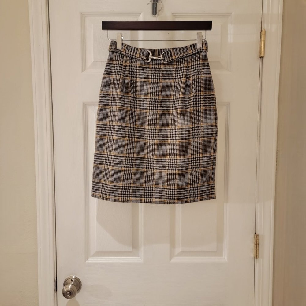 Banana Republic Tan Blue Mustard Houndstooth Horse Bit Belted Pencil Skirt 4